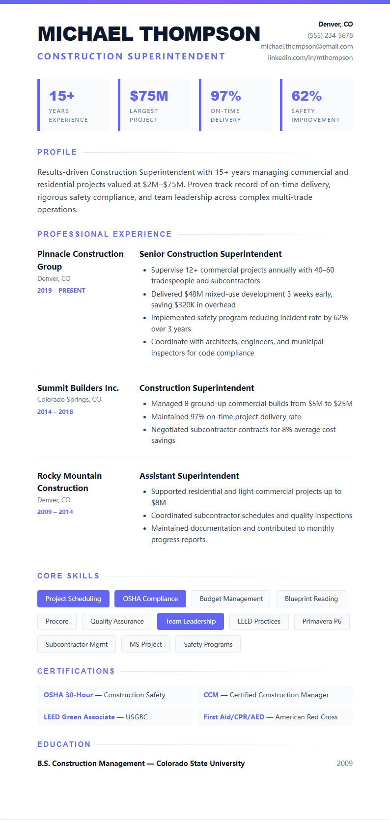 Bold contemporary construction superintendent resume